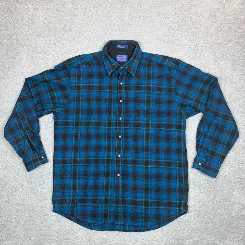 Pendleton Lodge Shirt Mens Large Blue Black Plaid 100% Virgin Wool Button Down